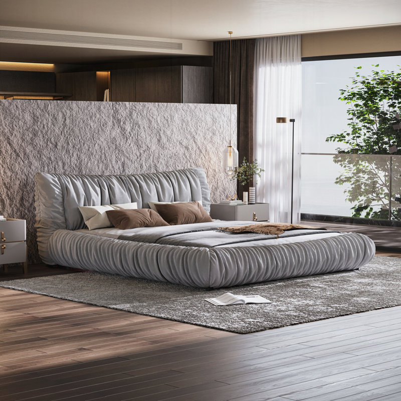 Lit plateforme tapissier avec coussin amovible, Gris clair