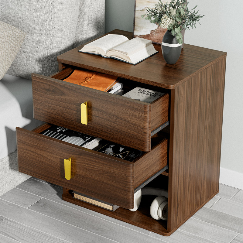 Table de chevet moderne en noyer avec 2 tiroirs et tablette ouverte