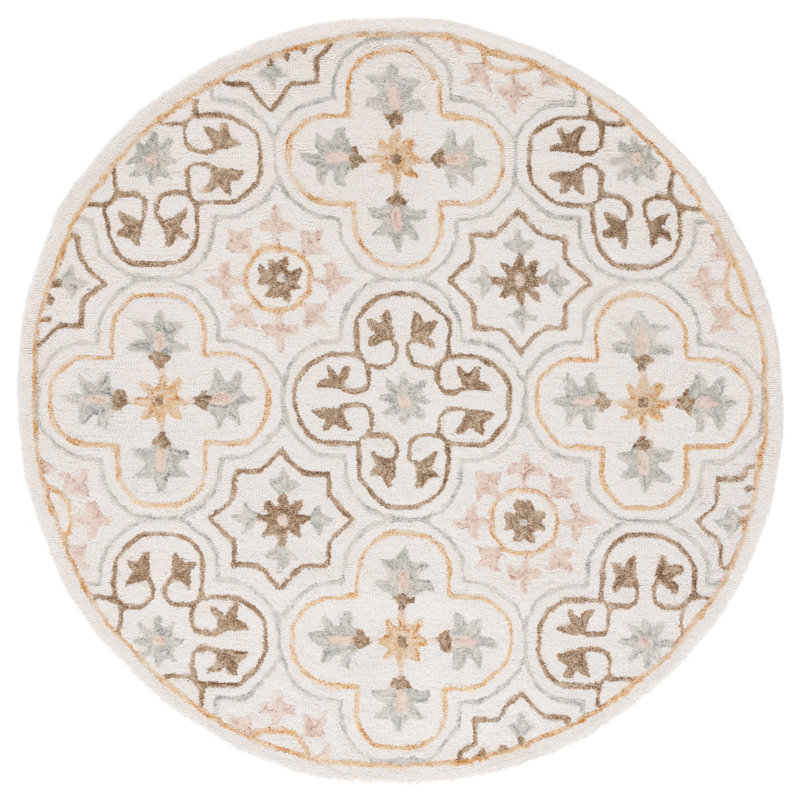 Caleia Micro-Loop Hand Tufted Wool/Cotton Floral Rug in Gray/Orange/Ivory, Round 5'