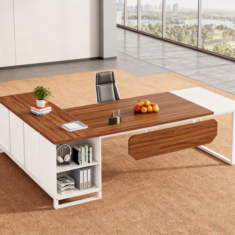 70.8" Industrial L-Shaped Desk with File Cabinet, Walnut/White