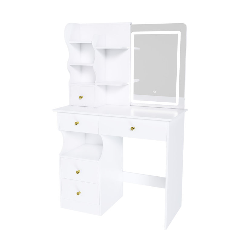 Meuble-lavabo à 5 tiroirs avec miroir mobile et caché, écran tactile 3 couleurs, idéal pour les petits espaces de chambre à coucher, éclairage de bureau blanc réglable, grandes brosses à maquillage de rangement