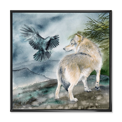 Loup et corbeau sur une colline sous la neige qui tombe - reproduction d'art sur toile traditionnelle