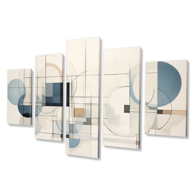 'Blue Grey Line Art Abstract Geometrics IV - Modern Canvas Wall Art - 5 Panels