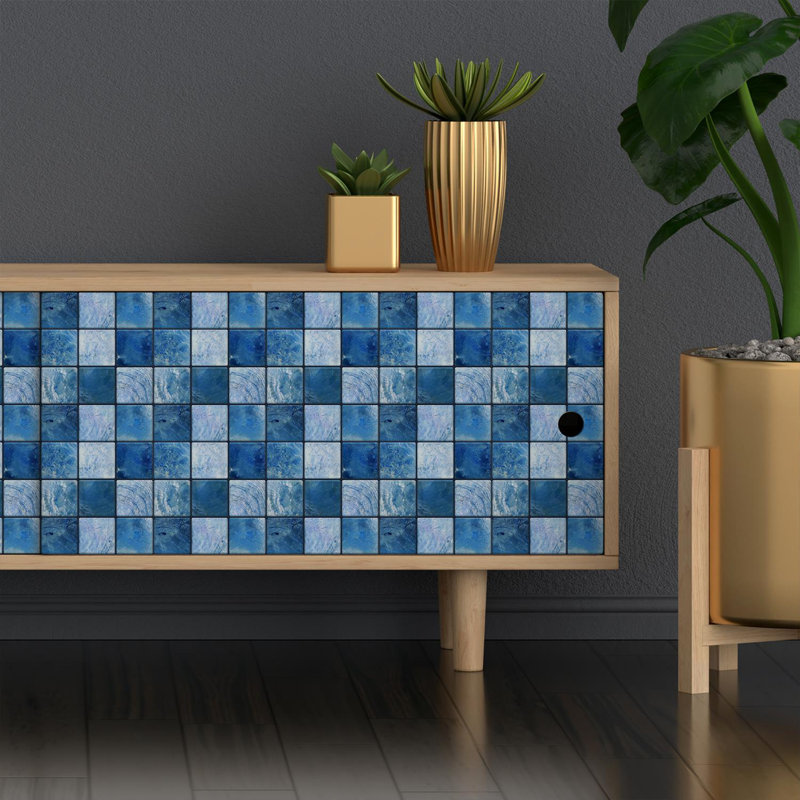 Metallic Self Adhesive Tile Stickers 15cm x 15cm, Navy Blue/Light Blue