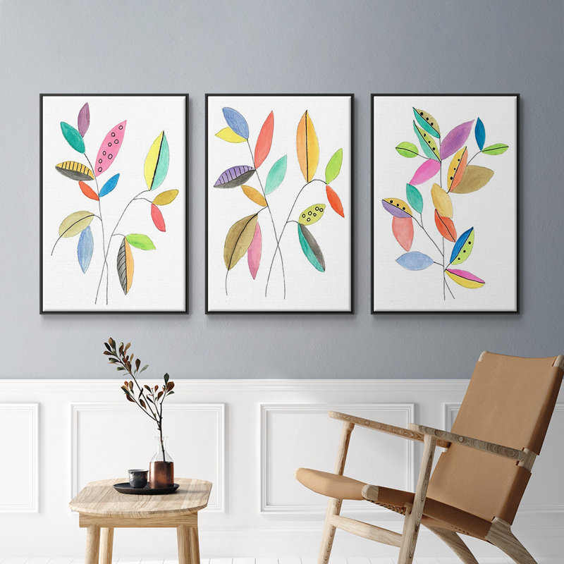 Color Pop Leaves II - Ensemble de 3 cadres flottants sur toile, Cadre flottant noir, H 36 po x l 72 po
