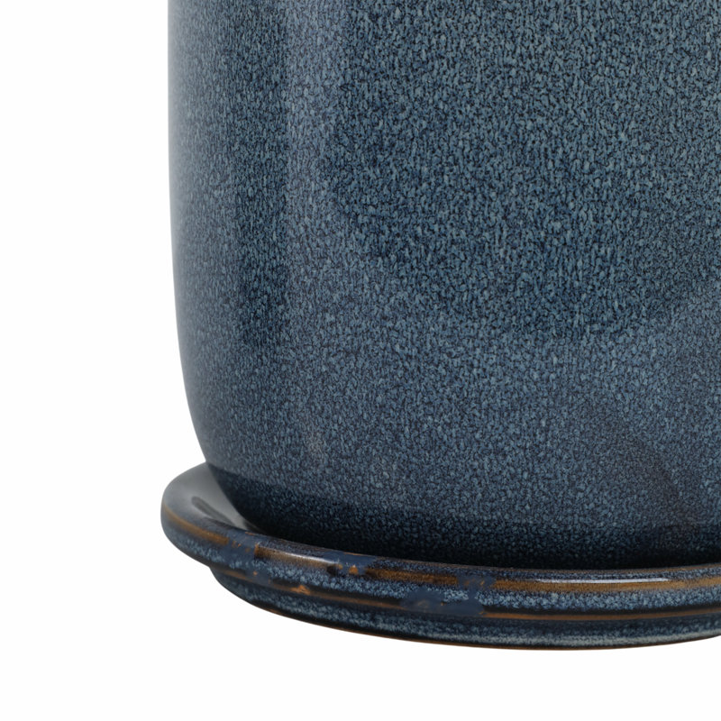 Modern Textured Ceramic Planter with Saucer, Blue, 2