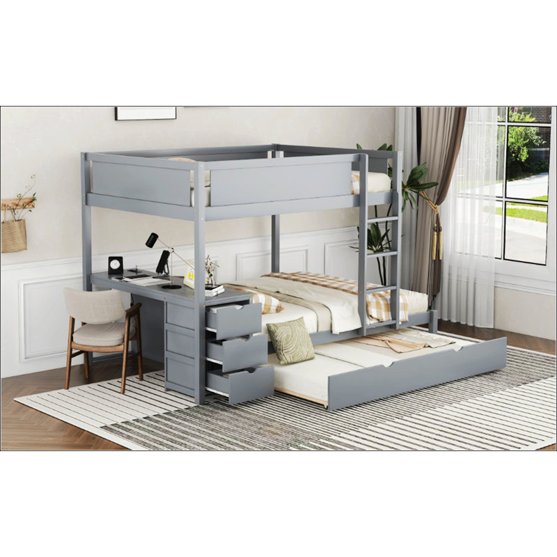 Lit superposé en bois de pin avec lit gigogne simple, tiroirs de rangement sous le bureau et prise de courant USB, cadre de lit superposé de sécurité pleine grandeur pour la chambre à coucher