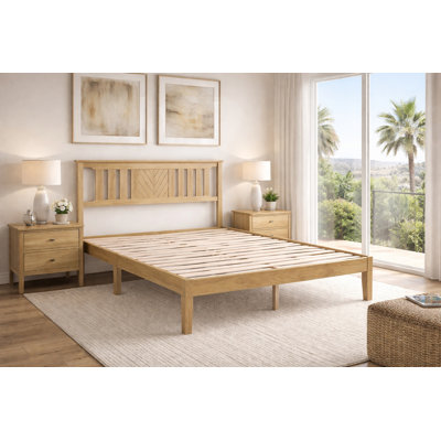HarborCraft Solid Pine Wood Platform Queen Size Bed Frame with Headboard - Natural Wood Finish