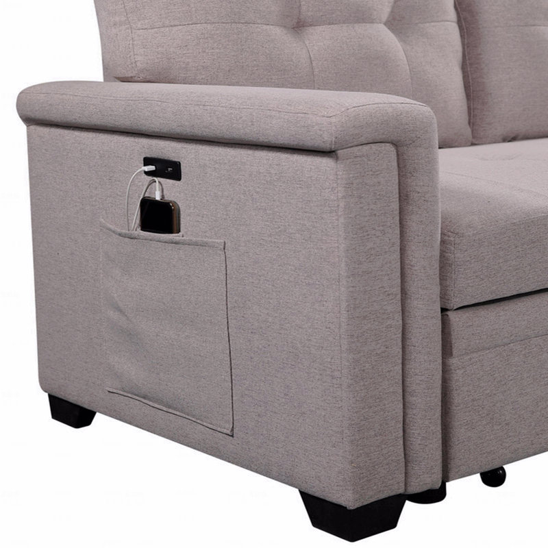 Canapé-lit modulaire réversible avec méridienne, ports de charge USB et poche, Lin brun