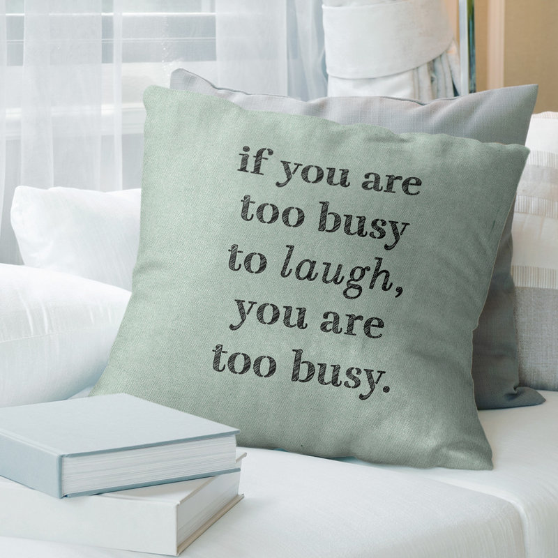 Coussin Handwritten Make Time For Laughter, 14 po x 14 po, Vert / Noir, Polyester/ Bourre en polyester