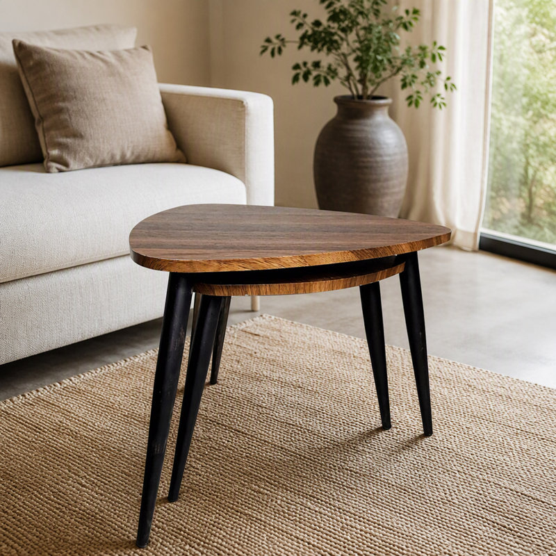 Nesting Tables 2Pc Set Metal And Solid Wood With Space Saving Design