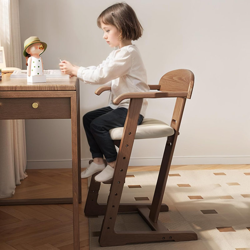 Adjustable Solid Wood Kids High Chair with Locking Wheels, Height Adjustable Seat & Footrest, gray;Brown