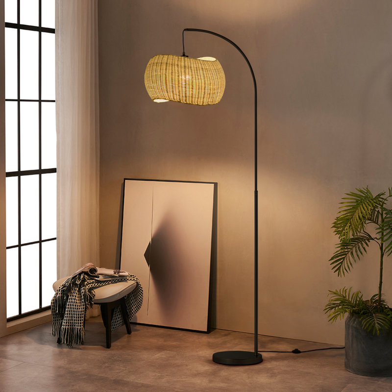 Wave Pendant 81 in. Arched LED Floor Lamp with Wicker Rattan Shade, Boho Style, Bulb Included