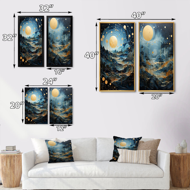 «Gold Blue Uranus Moonlight Mirage», 2 pièces, H 32 po x l 32 po, Toile tendue