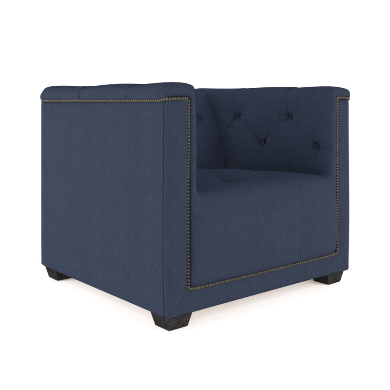 Fauteuil tuxedo Hudson, Lin à tissage carré imprimé bleu, Ébène