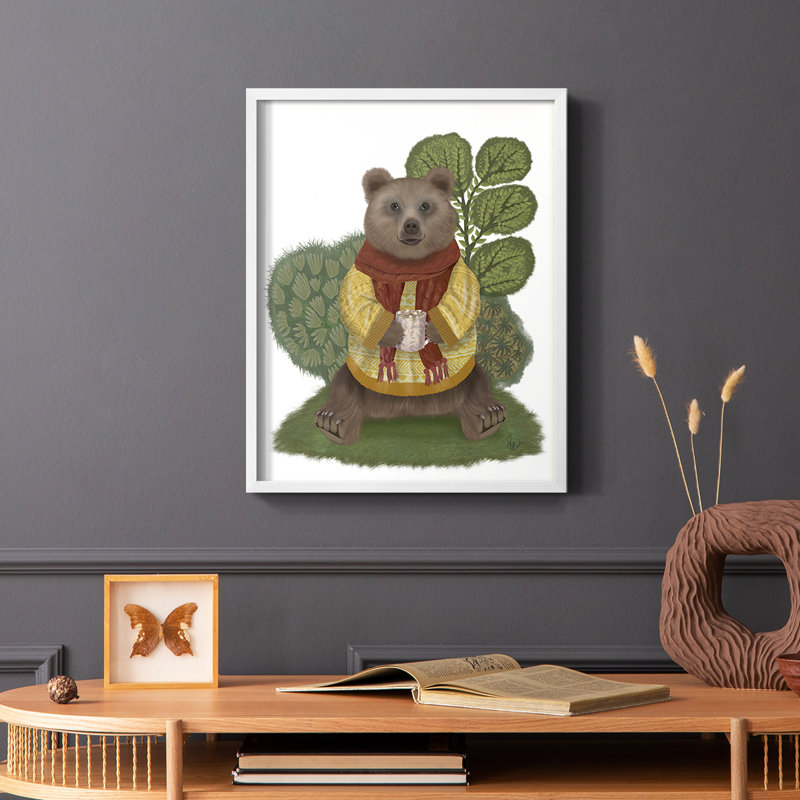 Reproduction encadrée d'ours chocolat chaud - bois massif, Blanc, H 14 po x l 11 po