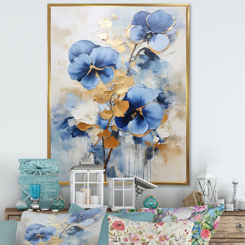 Bleu et or Minimalisme Pansy Radiance Bouquet II, Cadre flottant doré, H 40 po x l 30 po x P 1,5 po