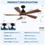 52 inch Modern Farmhouse Solid Wood Black Ceiling Fan with Light, Quiet DC Motor