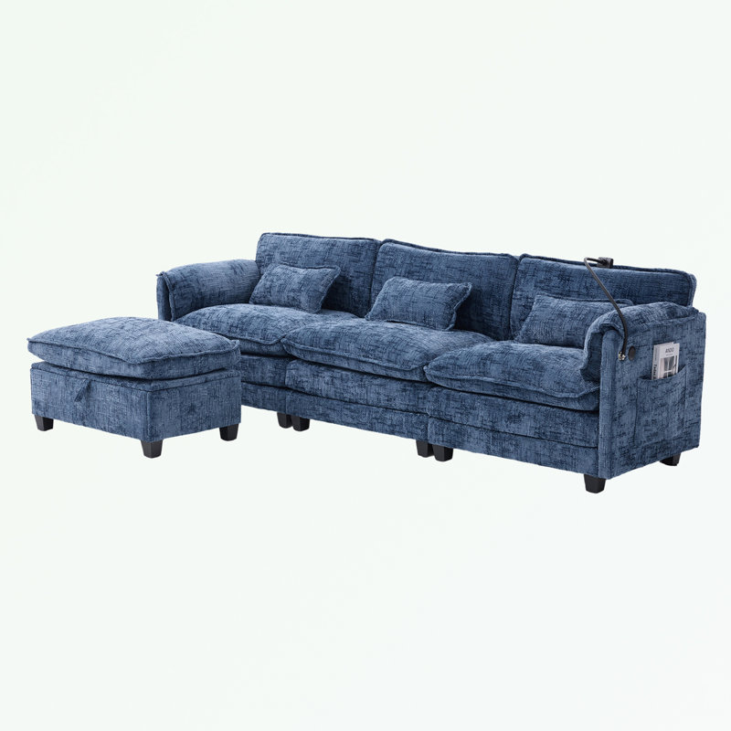L Shaped Chenille Sectional Sofa with Storage Ottoman, Phone Holder and USB Charging Port, Navy Chenille
