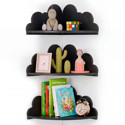 Black Cloud Floating Corner Shelves - Set of 3 Cloud Corner Wall Shelves for Kid’s Room, Black Floating Shelf Nursery Wall Deor,Small Cute Clouds Dispaly Shelf for Toys,Plants&Storage.