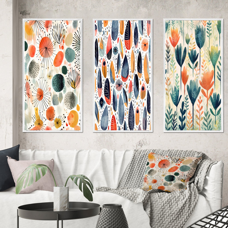 «Coral Teal Scandinave Flowers», 3 pièces, H 20 po x l 36 po, Cadre flottant blanc