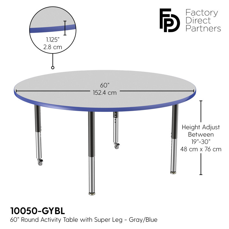 Table ronde à hauteur réglable, H 24 po x L 60 po x l 60 po, Gris / bleu, Super