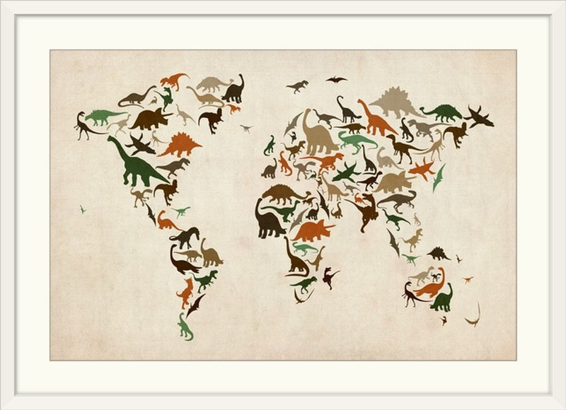 «Dinosaur Map of the World» par Correen, impression, Cadre blanc, H 24 po x l 32 po x P 1 po