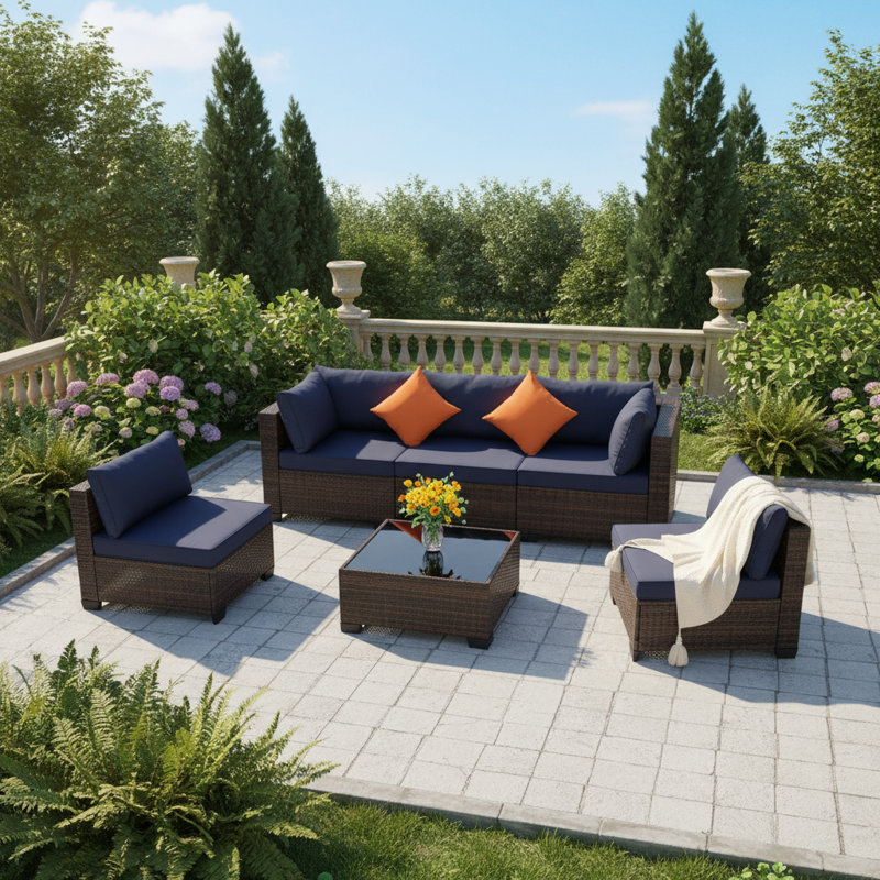 7-Piece Rattan Outdoor Sectional Seating Group with Cushions, Dark Brown, Navy