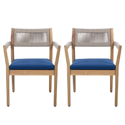 Braided Acacia Wood Outdoor Dining Chairs Set– Teak Look With Beige Rope & Navy Cushions, All-Weather Patio Furniture For Garden, Poolside, And Backyard (Durable & Stylish)
