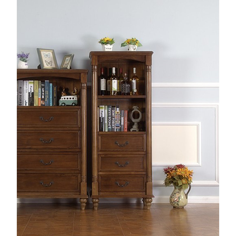 Vintage Tall Narrow Bookcase with Open Shelves & 3 Drawers