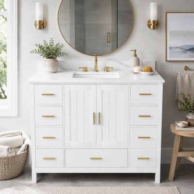 Meuble-lavabo moderne en bois massif avec lavabo, comptoir en quartz, 3 trous de robinet pré-percés, 2 portes à fermeture douce et 9 tiroirs spacieux