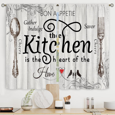 Rideaux de cuisine rustiques de style ferme, à œillets, courts, style café, motif fourchette et cuillère vintage ; impression grand teint, 2 panneaux