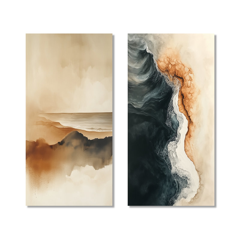 «Coastal Abstract», art mural beige moderne sur toile 2 pièces, sable côtier apaisant, H 40 po x l 40 po, Toile tendue