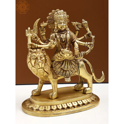 5" Small Brass Eight-Armed Goddess Durga Statue – Handcrafted Ashtabhuja Deity on Lion for Protection and Home Altar Decor