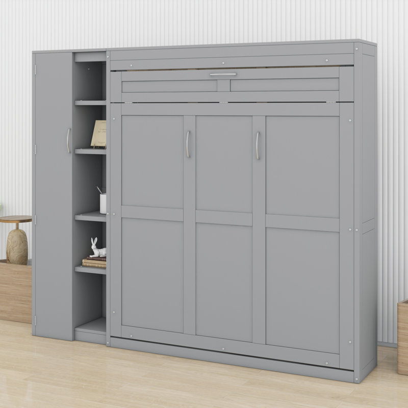 Lit escamotable mural Murphy avec tablettes, garde-robe et lumières DEL, Gris