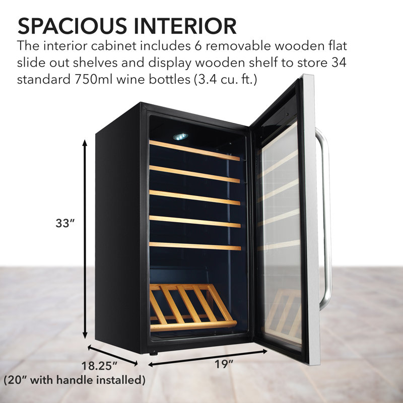 34 Bottle Stainless Steel Freestanding Wine Cooler with LED Lighting