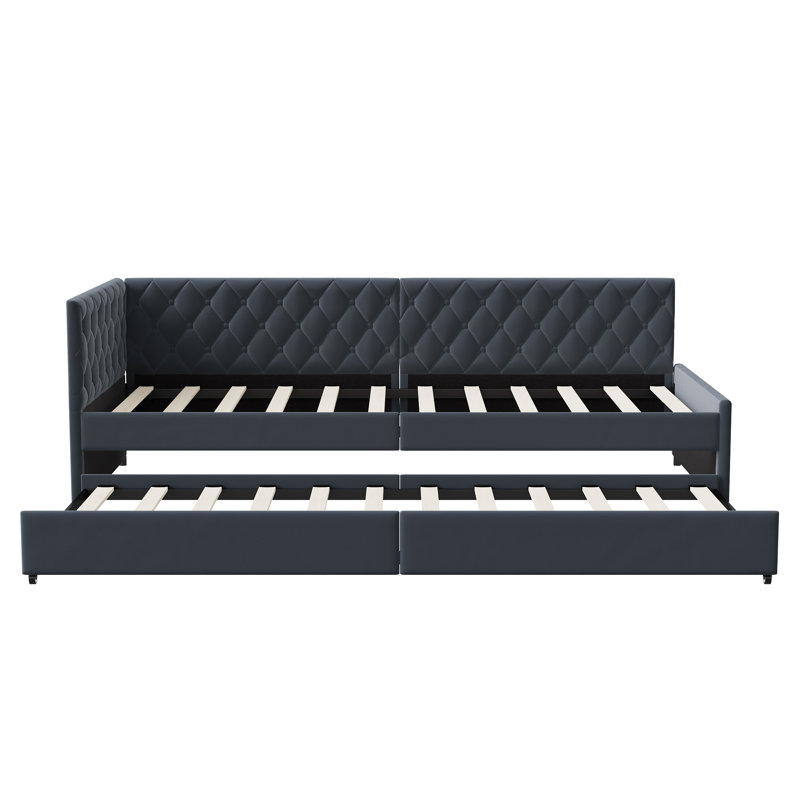Velvet Corner Daybed With Trundle, Upholstered Guest Sofa Bed With Button Tufting, European Single (90X200cm) (Mattress Not Included)