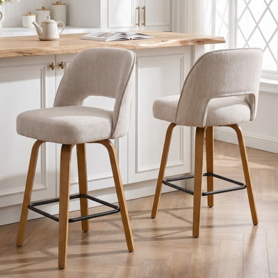 26" Swivel Upholstered Counter Stool with Bentwood Legs and Natural Oak Finish