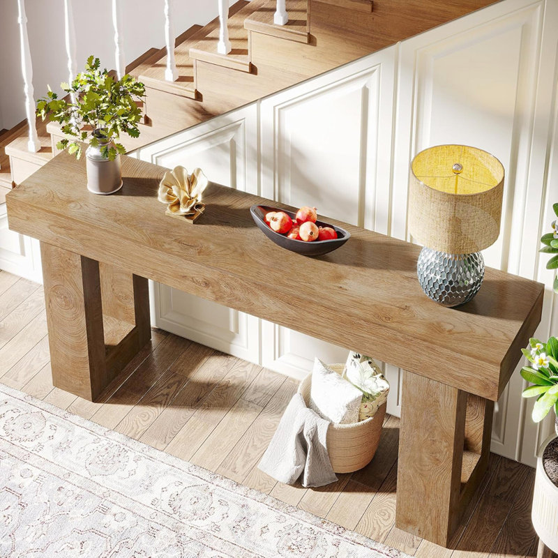 Console 63 pouces en bois naturel avec plateau spacieux, idéale pour les intérieurs modernes et rustiques, Bois naturel
