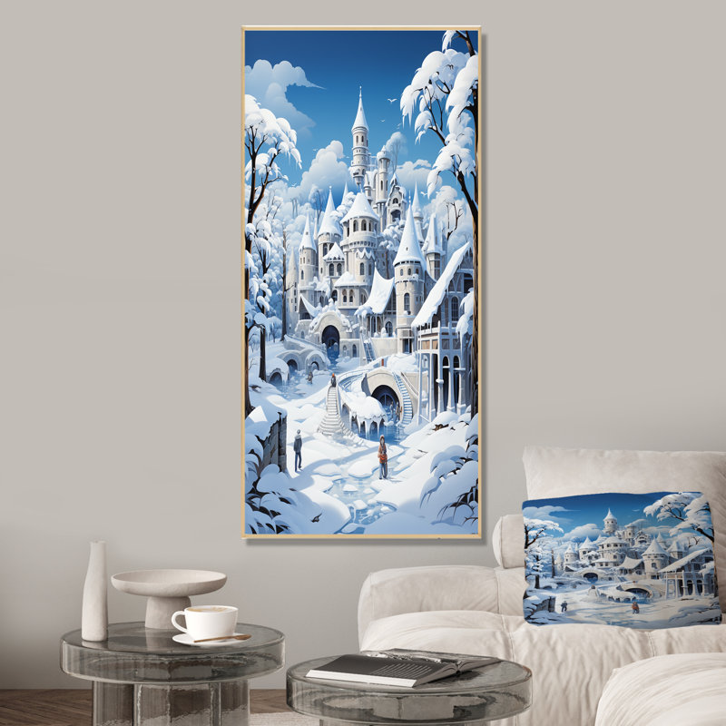 «White Winter Village Landscape I - Forest», art mural, Cadre flottant brun, H 20 po x l 12 po