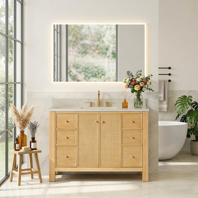 Cisca 48" Single Bathroom Vanity in Natural Wood with Grain White Engineered Stone Countertop without Mirror