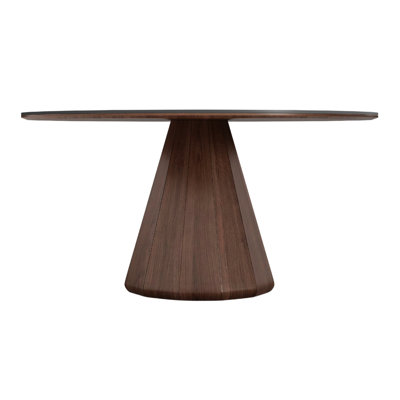 Table de salle à manger ronde Shera avec base en noyer et plateau en céramique marbrée grise.