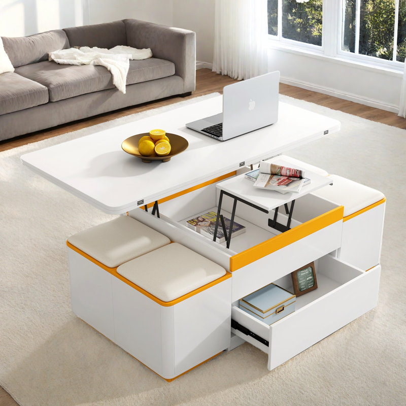 Table basse relevable avec 4 tabourets de rangement, plateau pliable et deux tiroirs cachés, Blanc