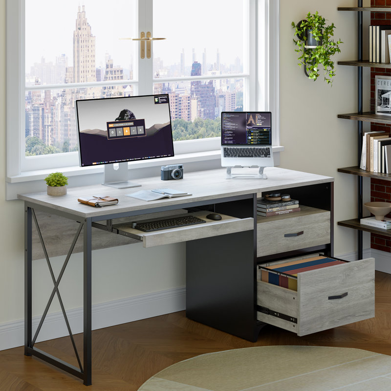 Labelle 55'' Light Grey Home Office Desks with 2 Storage Drawers, Reversible Computer Desks with Keyboard Tray and Open Shelf