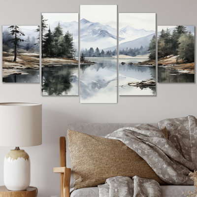 «Green Blue Minimalisme Forest Silent Reflection», impression sur toile de paysages - 5 panneaux