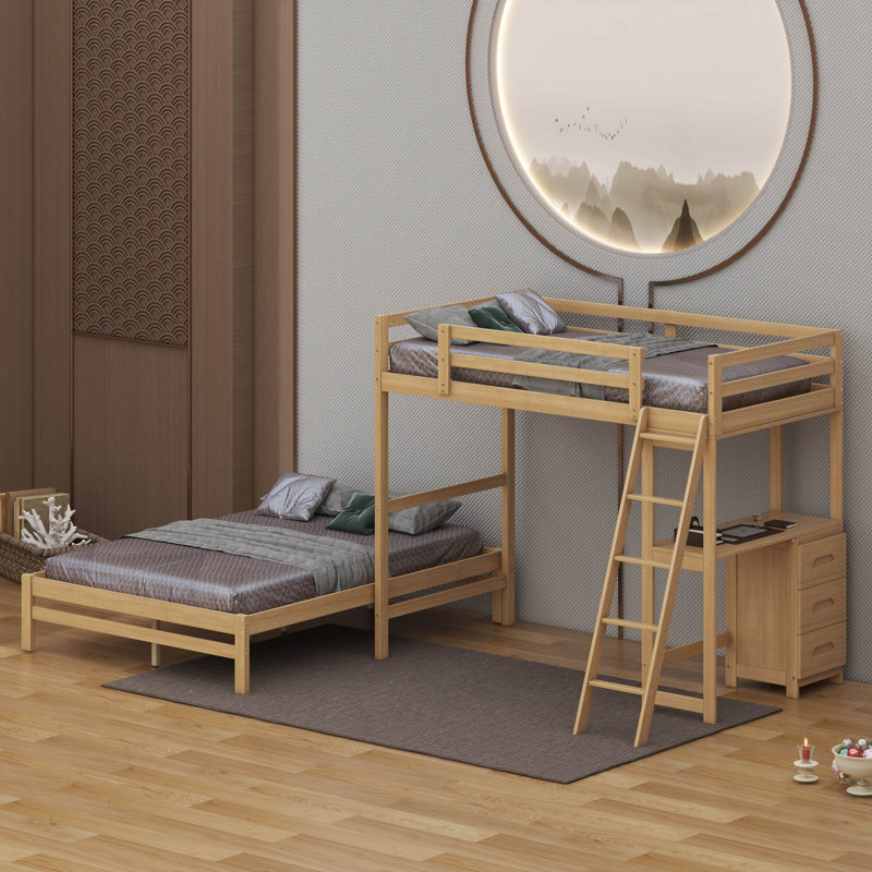 Twin Over Full Wood Bunk Bed With Built-In Desk, 3 Drawers And Ladder, Natural