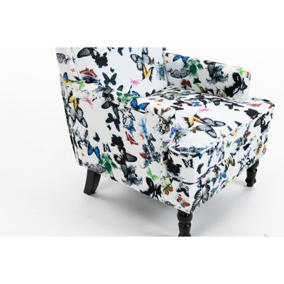 Cozy Accent Chair With Butterfly Linen Upholstery, Nailhead Trim, High - Density Foam Padded, Solid Wood Frame, Turned Legs, Blue And White Design, For Relaxation In Living Room, 26.85 Width, 34.93