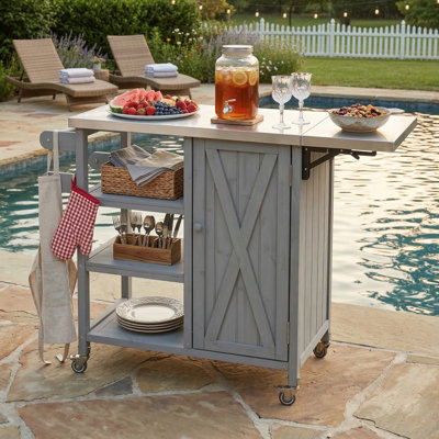 Îlot de cuisine extérieur pliable sur roulettes verrouillables; La station de préparation portable comprend une armoire de rangement et une barre à serviettes - conçue pour une utilisation sur le patio et à l'extérieur - Finition grise