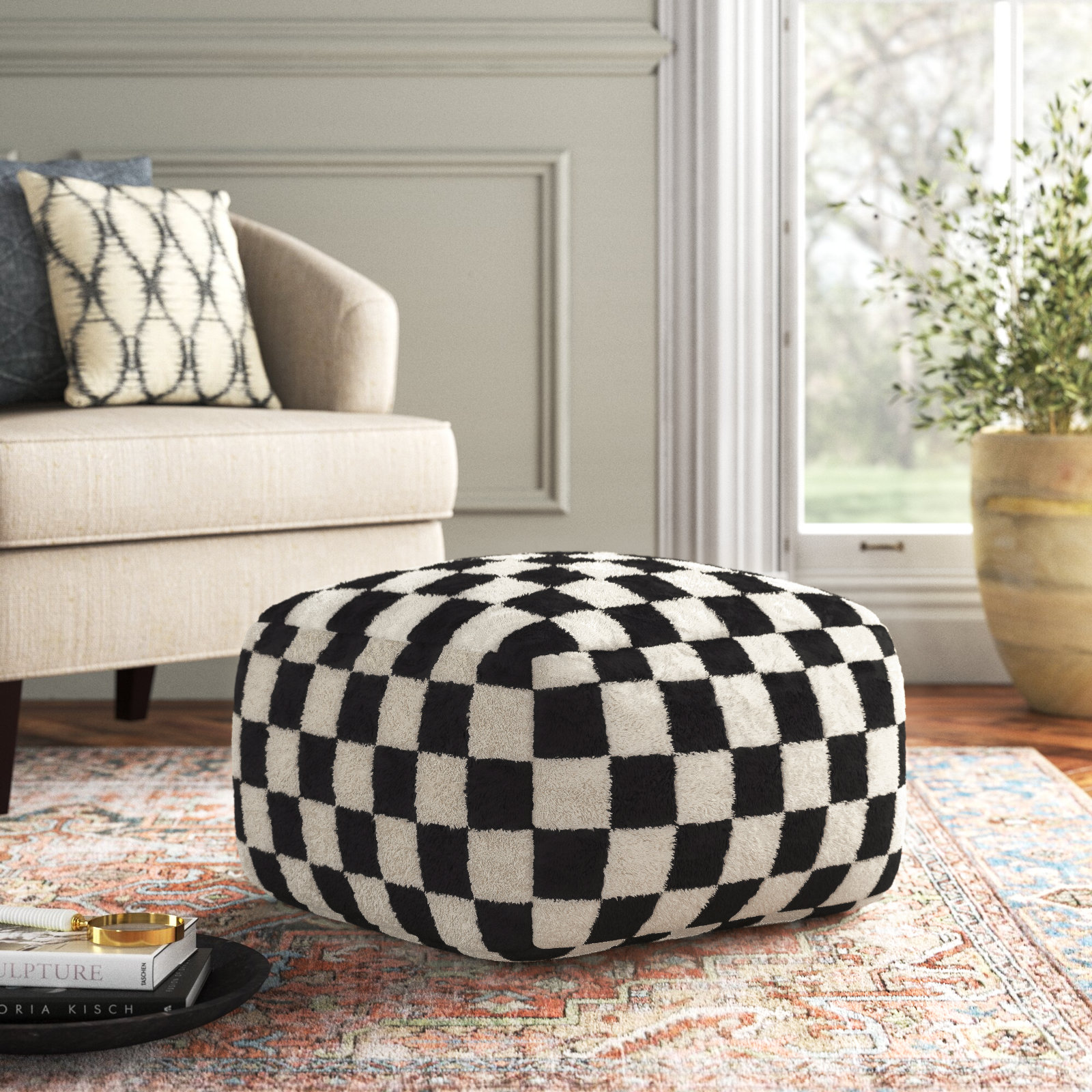 Birdie Upholstered Pouf, Black Wool/Cotton Blend