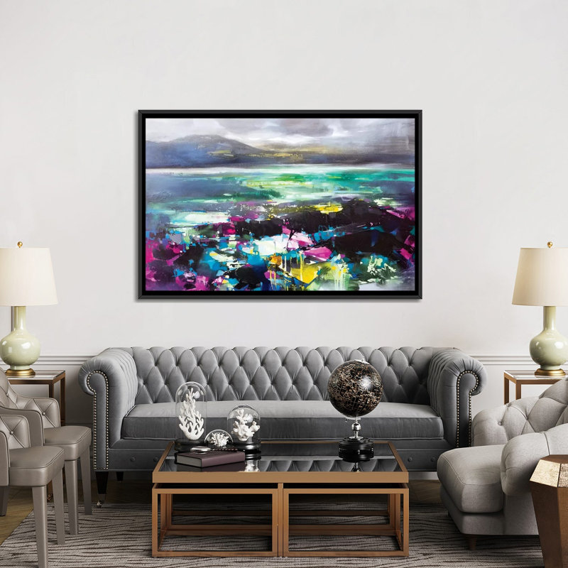 «Harris Greens I» par Scott Naismith - reproduction d'art, H 40 po x l 60 po x 1,5 po, Pas de tapis, Toile avec cadre noir